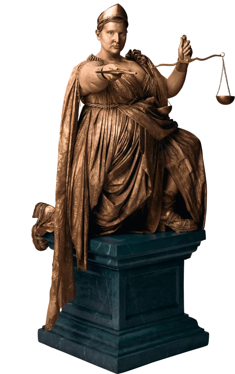 Photo of Lady J holding scales of justice